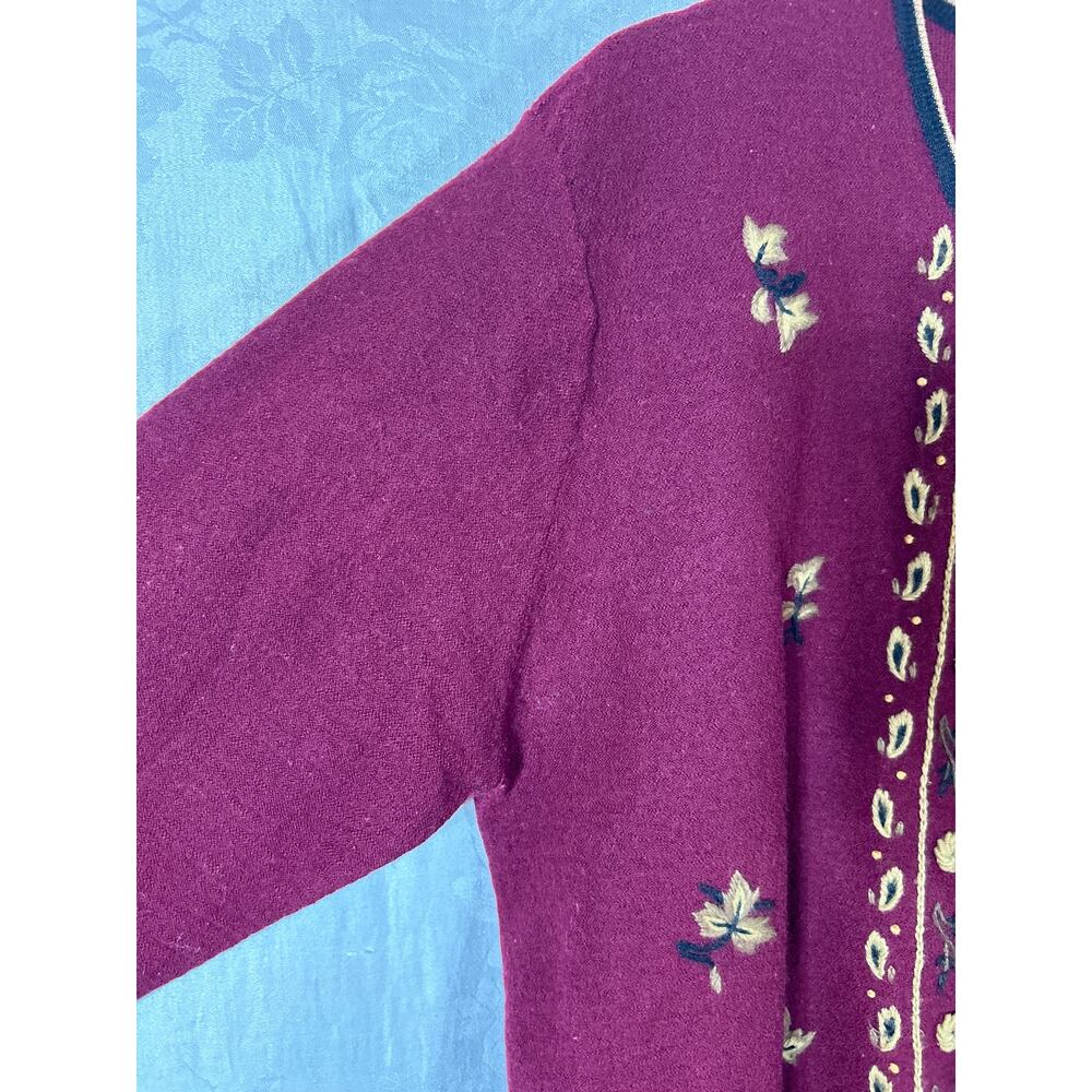 Vintage Cardigan Sweater Burgundy 1X Wool Tan Embroidered Zip Felt Koret - Picture 4 of 10